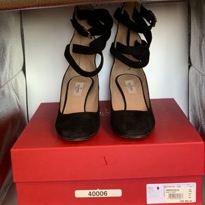 New Valentino Black Suede Ballet Block Heels, Size 37.5